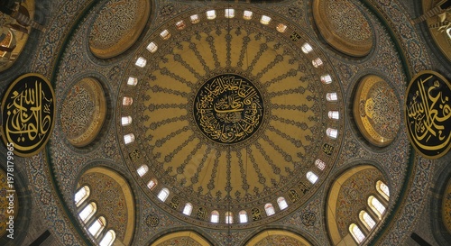 Ornate Dome Interior: Islamic Art, Calligraphy, and Architectural Grandeur
