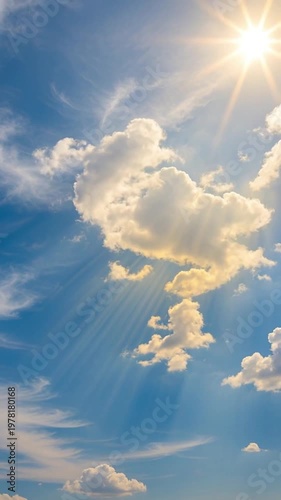 Sun rays breaking through fluffy white clouds in a bright blue sky, sunlight beam shining through cumulus clouds against a clear atmosphere.