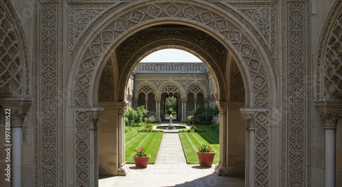 Ornate Stone Archway Leading to a Picturesque Courtyard Garden