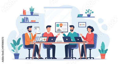 Four professionals collaborate in a modern office, sharing ideas on laptops and tablets during a productive team brainstorming session.