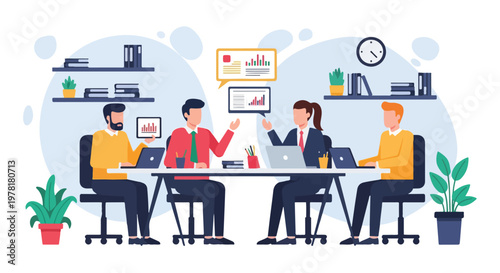 Four diverse professionals collaborate in a modern office, analyzing data on laptops and discussing charts during a productive business meeting.