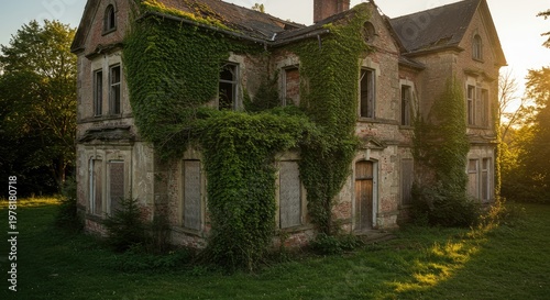 Overgrown Abandoned Brick Mansion at Sunset, Covered in Ivy