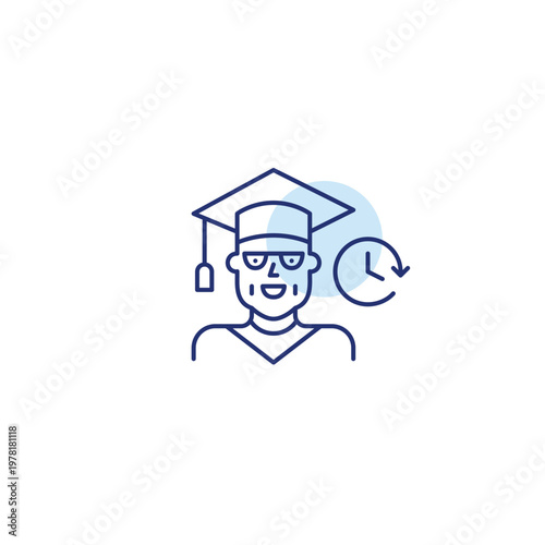 Middle-aged woman wearing graduation hat and clock. University learning, higher education degrees. Opportunities for all ages. Pixel perfect, editable stroke vector icon