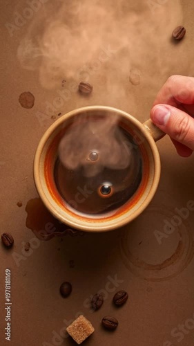 Top view of a steaming cup of fresh black coffee on a textured brown surface with scattered coffee beans and a sugar cube, morning caffeine routine concept.
