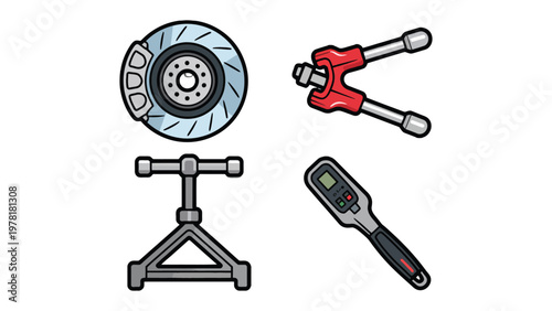 Automotive Tools: A selection of automotive tools, essential for maintaining and repairing vehicles. including brake disc, caliper compressor tool, jack stand, and torque wrench.