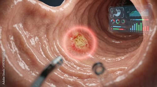 Endoscopic view of a colon polyp with futuristic medical data overlay