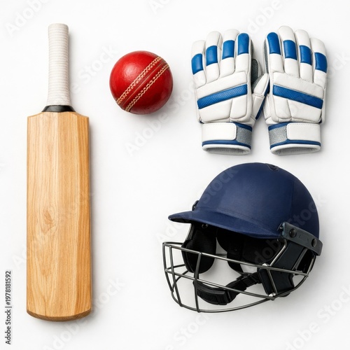 Cricket equipment collection with bat ball gloves and helmet