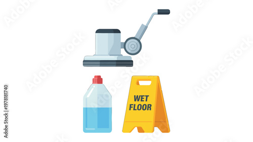 Cleaning Essentials: The image depicts a complete cleaning kit, including floor cleaning machine, cleaning chemical, and a wet floor sign. A scene portraying a commitment to cleanliness.
