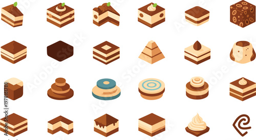Tiramisu Dessert Vector Set Collection with Layered Cake Pastry Icons