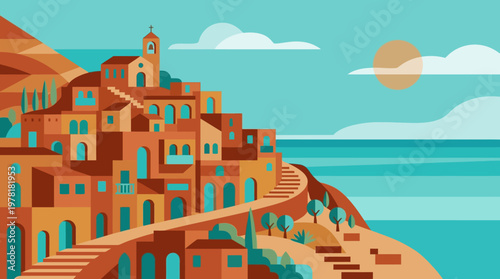 A vibrant, picturesque mediterranean village built on a hillside, showcasing traditional architecture, a church, and terraced homes.