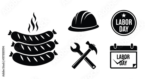Labor day themed icons sausages tools and a hard hat