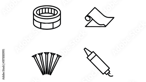 Crafting Supplies Icons: A collection of simple line art icons representing crafting and DIY supplies, including a tube of glue, a roll of paper, nails, and a roll of tape.