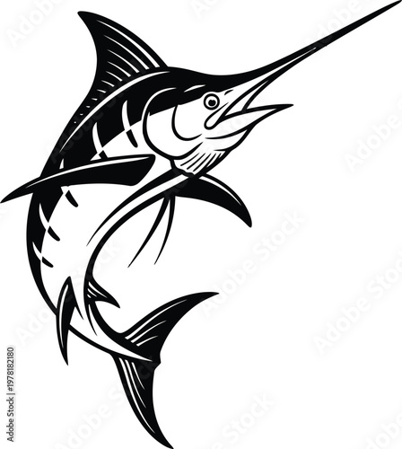 Elegant black and white illustration of a majestic sailfish in motion