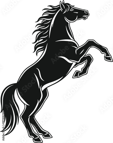 Majestic black horse rearing up a powerful silhouette against a neutral background