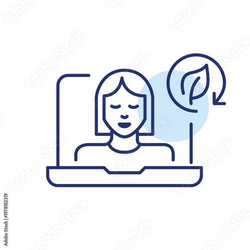 Woman on video call on laptop, leaf and renew arrow. Sustainable user communication, online conference. Pixel perfect, editable stroke vector icon