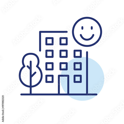 Apartment building, tree and smiley face. User-friendly interface, customer positive reviews. Approved and convenient device. Pixel perfect, editable stroke vector icon