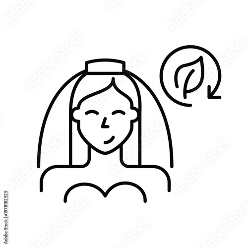 Bride in a veil, leaf and renew arrow. Sustainable marriage celebration and clothing. Pixel perfect, editable stroke vector icon