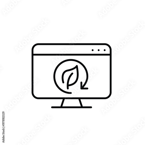 Leaf in renew arrow on monitor screen. Sustainable devices and operation system. Recycled battery. Pixel perfect, editable stroke vector icon