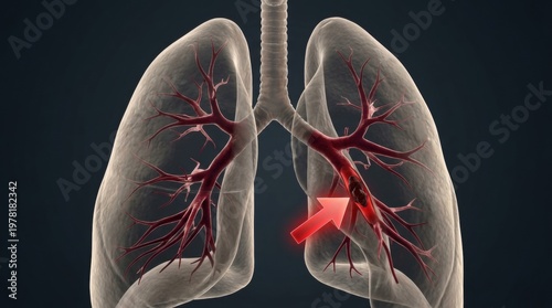 3D rendering of human lungs showing a pulmonary embolism with a red arrow pointing to the blockage
