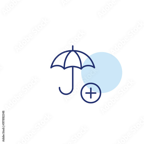 Umbrella and plus. Safety plan, extended protection. Add to insurance coverage. Pixel perfect, editable stroke vector icon