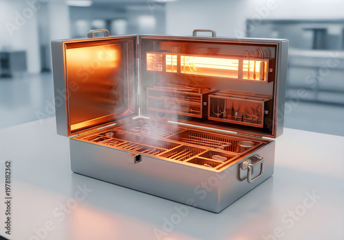 Open double-deck oven with glowing heating elements and baking trays inside