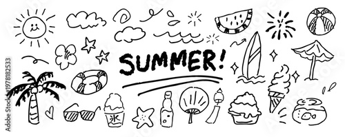 ゆるいタッチの夏の手書き素材セット