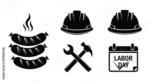 Labor day themed icons sausages tools and a hard hat