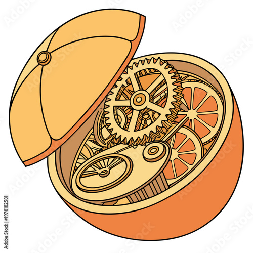 Obraz na plátně Steampunk orange with gears inside open lid isolated old fashioned steampunk mec