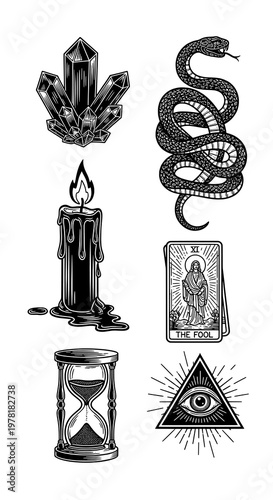 Vintage Engraved Collection of Mystical Esoteric Occult Symbols and Spiritual Elements