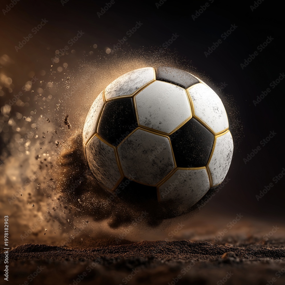 Fototapeta premium Soccer ball in motion on a sandy field during a competition