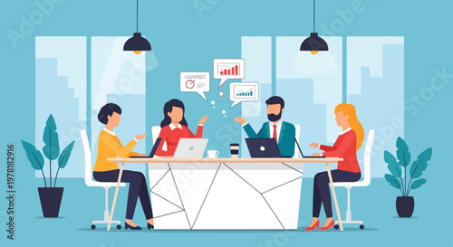 A professional team collaborates in a modern office, using laptops and discussing data visualizations during a productive business meeting.