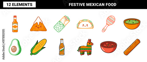 Kawaii Mexican Food Elements Grid