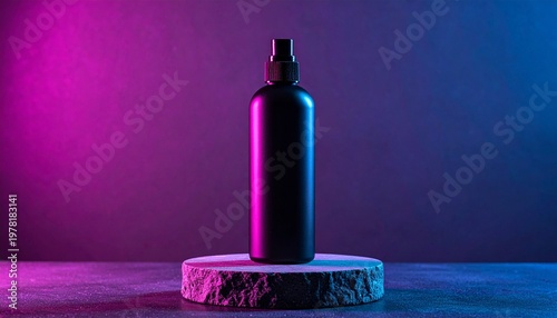Premium matte black perfume or hair mist bottle mockup on rock stand with colorful side lighting