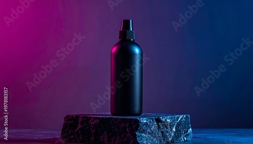 Matte black spray bottle mockup on stone pedestal with dramatic purple and blue neon lighting