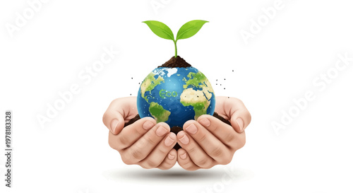 Close-up of hands gently holding a globe with a small plant growing from the top, symbolizing human care for the Earth in a vector illustration against a clean white background