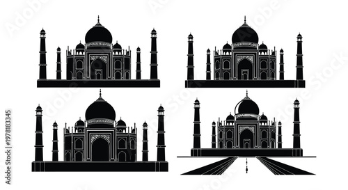 Four black silhouettes depicting the taj mahal in various views
