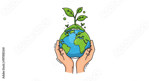 Illustration of caring hands holding a globe with a small green plant growing on top, symbolizing environmental protection and sustainability, with a clean, minimalist design