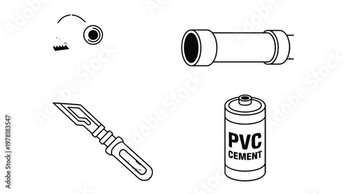PVC Pipe Fitting and Tools: Illustrative depictions of tools and accessories employed in plumbing and construction. The collection showcases necessary components in a simple, minimalist outline