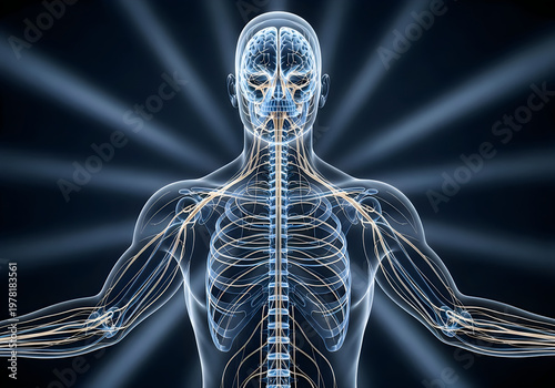Illuminated human nervous system and skeletal structure with highlighted brain and spine