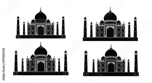 Four black silhouettes depicting the taj mahal in various views