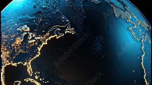 Earth globe showing north and south america and caribbean at night, city lights glowing to illustrate global connectivity, digital networks, technology and data flows across continents