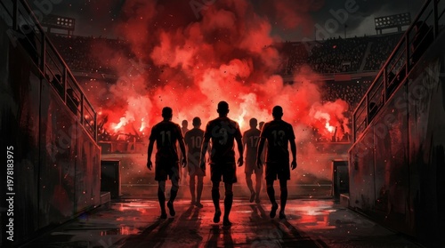 Team of Football Players Entering Stadium Through Red Smoke Path