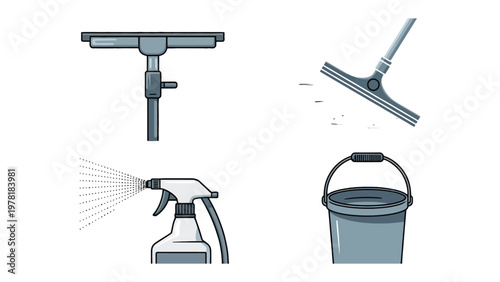 Cleaning Essentials: A collection of cleaning supplies and tools is presented, showcasing the indispensable items needed for a spotless environment and ensuring home or professional upkeep