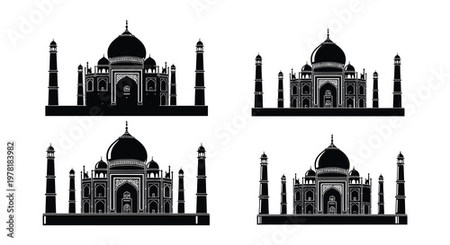 Four black silhouettes depicting the taj mahal in various views
