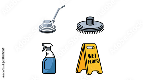 Cleaning Essentials: A set of essential cleaning tools, including a floor cleaner machine, scrubbing brush, spray bottle and warning sign, meticulously arranged to showcase a spotless environment.