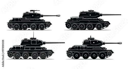Four black silhouette illustrations of soviet t 34 tanks displayed in profile