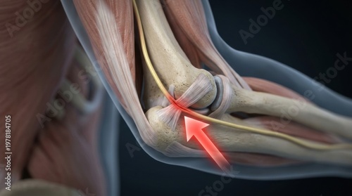 Detailed 3D illustration of ulnar nerve entrapment at the elbow joint
