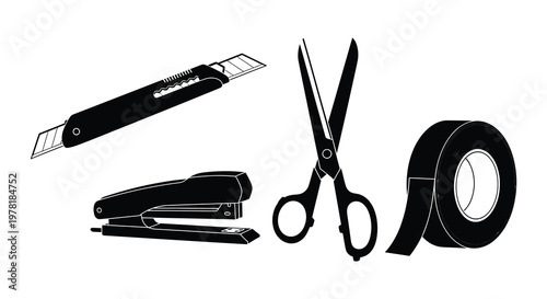 Stationery items including a utility knife scissors stapler and tape