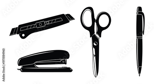 Stationery items including a utility knife scissors stapler and tape