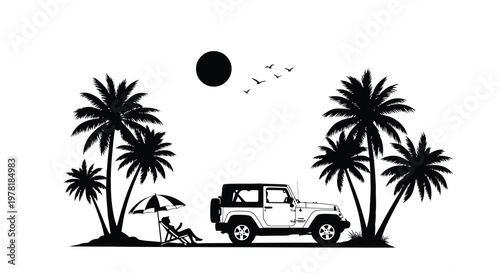 Tropical getaway, palm trees, jeep, beach scene, black and white vector illustration, vacation, travel